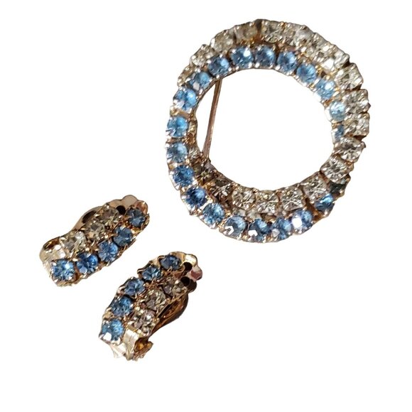 Uranium Demi-Parure Clip Earrings Double Ring Infinity MCM Pin Brooch Crystal - Picture 11 of 13